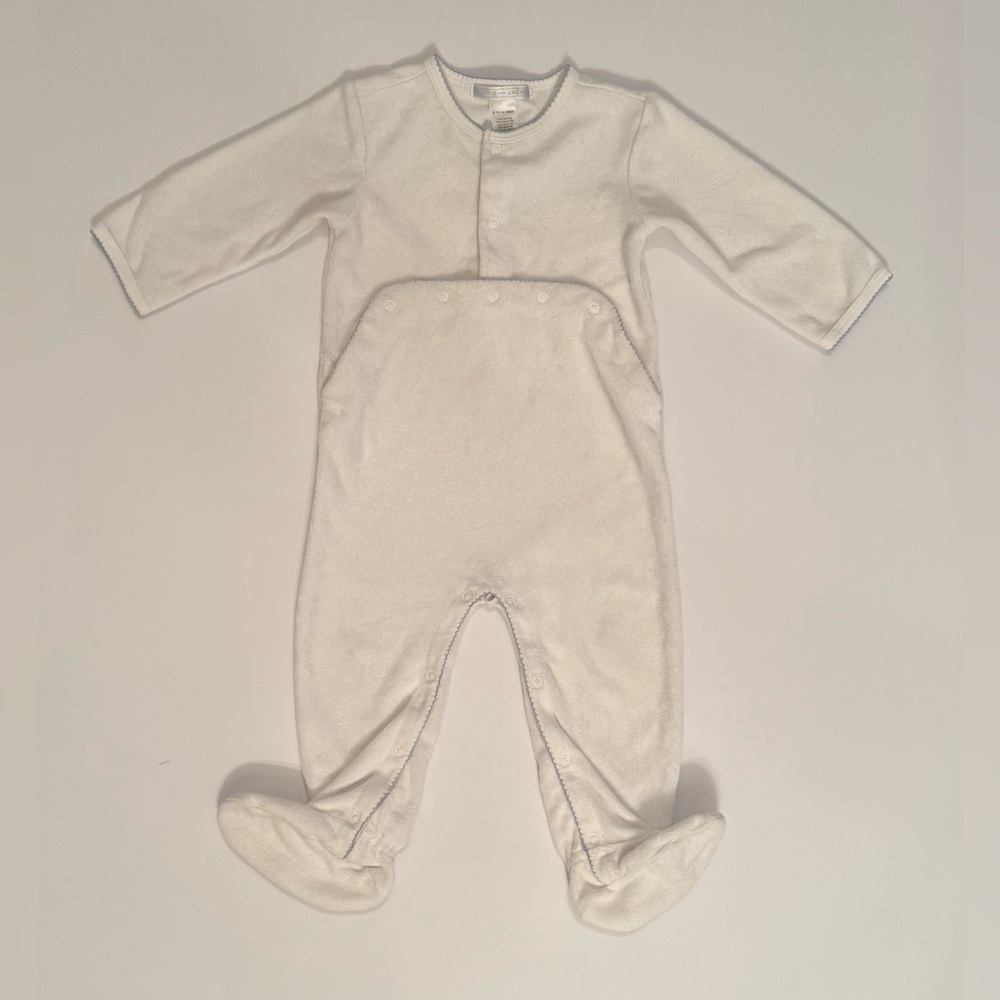 Janie and Jack Soft Cream with Blue Trim Snapped Footie 6-12M EUC